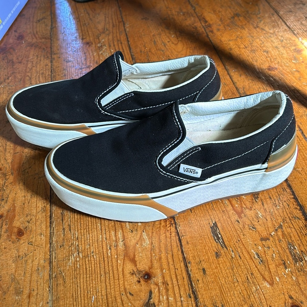 Vans Stacked Slip on Black, White & Gum Platform shoes. Size 7
